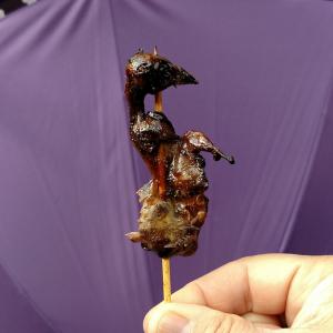 Fushimi Inari Sparrow is grilled on a stick going through its rear up out of its chest and up through its skull. It is featherless and darkly grilled with very little meat.